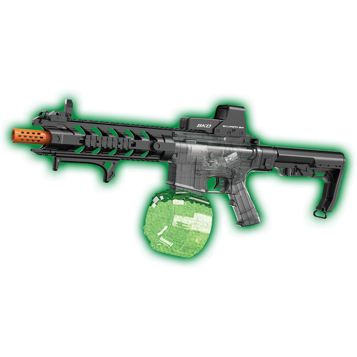 SKD CS0988 M4 WASP Luminous Electric Gel Blaster with glowing green drum magazine and orange muzzle, ideal for outdoor toy battles.